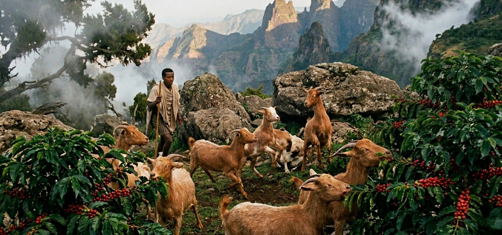 Ethiopian shepherd with goats in the mountains discovering coffee origins
